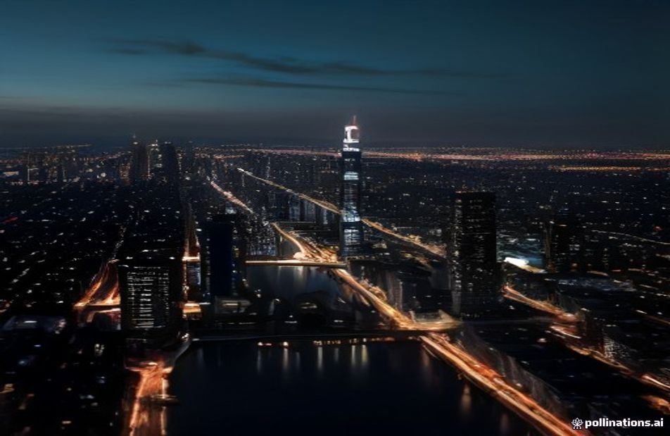 City skyline at night with traffic trails